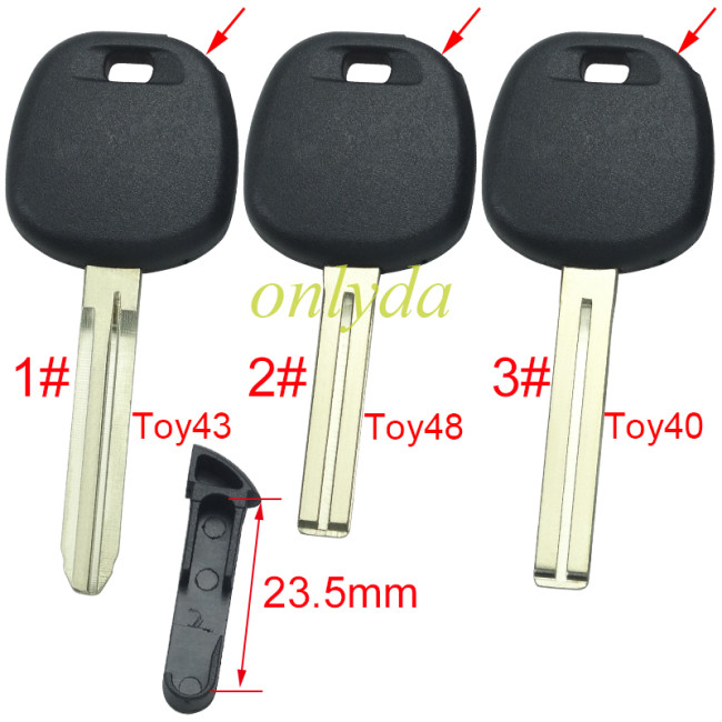 For Toyota transponder key blank  , without badge with TPX chip and  carbon chip part ,The latch is below, 1# Toy43 ,2#Toy48,3#Toy40 ,pls choose blade model