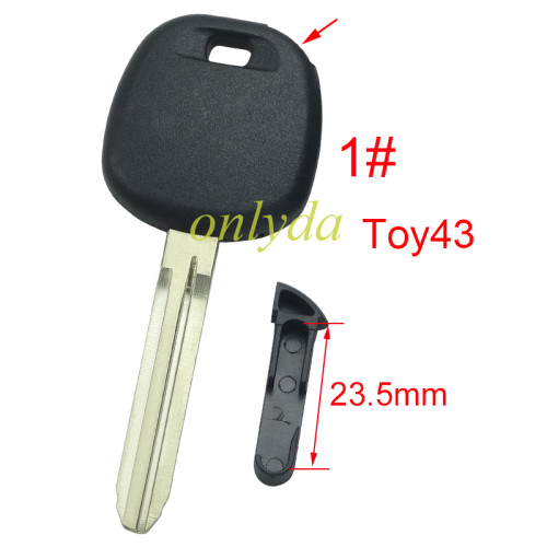For Toyota transponder key blank  , without badge with TPX chip and  carbon chip part ,The latch is below, 1# Toy43 ,2#Toy48,3#Toy40 ,pls choose blade model
