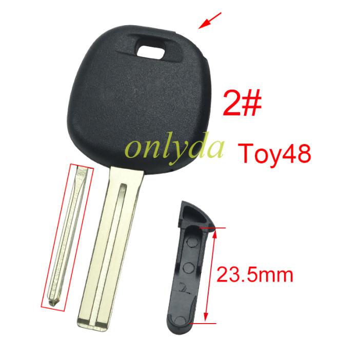 For Toyota transponder key blank  , without badge with TPX chip and  carbon chip part ,The latch is below, 1# Toy43 ,2#Toy48,3#Toy40 ,pls choose blade model
