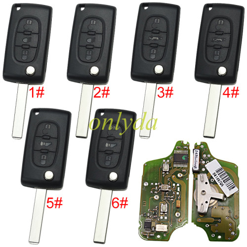 OEM CE0523 remote key for Peugeot 3 Button Flip  Remote Key with 46 chip PCF7941chip ASK model  with VA2 and HU83 blade, trunk and light button , please choose the key shell