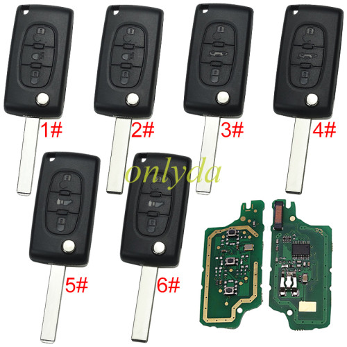 For Peugeot CE0536 3 Button Flip  Remote Key with 46 chip PCF7961chip FSK model  with VA2 and HU83 blade, trunk / light button