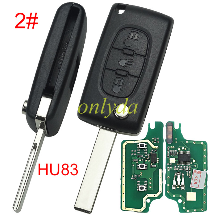 KYDZ brand Peugeot CE0536 3 Button Flip  Remote Key with 46 chip  ASK model  with VA2 and HU83 blade, trunk and light button , please choose the key shell