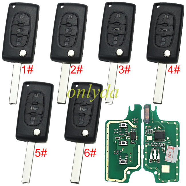 KYDZ brand Peugeot CE0536 3 Button Flip  Remote Key with 46 chip  ASK model  with VA2 and HU83 blade, trunk and light button , please choose the key shell