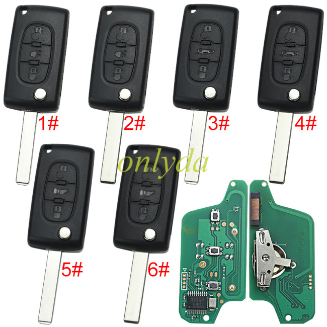 For Peugeot 3B Flip  Remote Key  CE0523 PCF7941 46 chip ASK model battery on the PCB 307/407 blade, Trunk/Light button