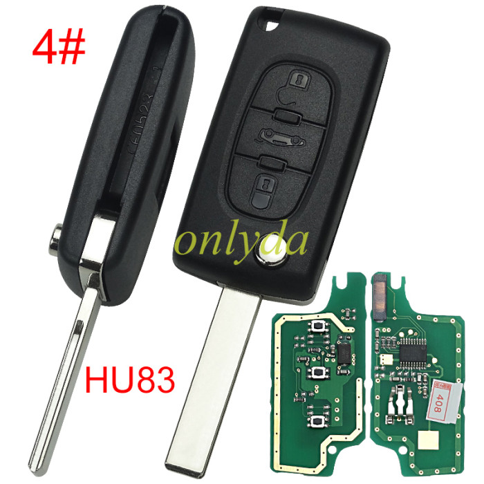 KYDZ brand Peugeot CE0536 3 Button Flip  Remote Key with 46 chip  ASK model  with VA2 and HU83 blade, trunk and light button , please choose the key shell