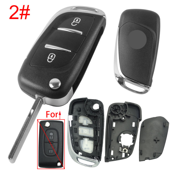 For Peugeot modified 2 button remote key shell with battery clamp with badge place, pls choose the blade type  1#-VA2 2#-HU83 3#-NE73