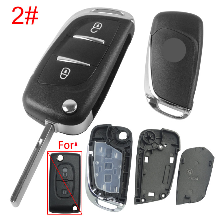 For Peugeot modified 2 button remote key shell without battery clamp with badge place, pls choose the blade type  1#-VA2 2#-HU83 3#-NE73