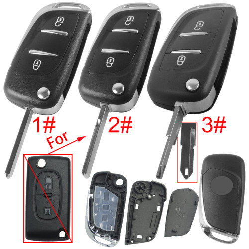 For Peugeot modified 2 button remote key shell without battery clamp with badge place, pls choose the blade type  1#-VA2 2#-HU83 3#-NE73