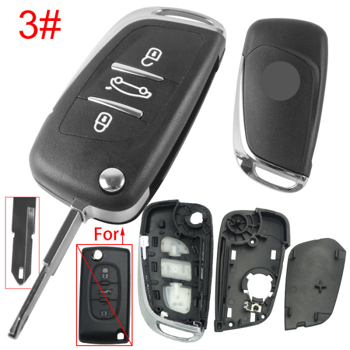 For Peugeot modified 3 button remote key shell with battery clamp with badge place, pls choose the blade type  1#-VA2 2#-HU83 3#-NE73
