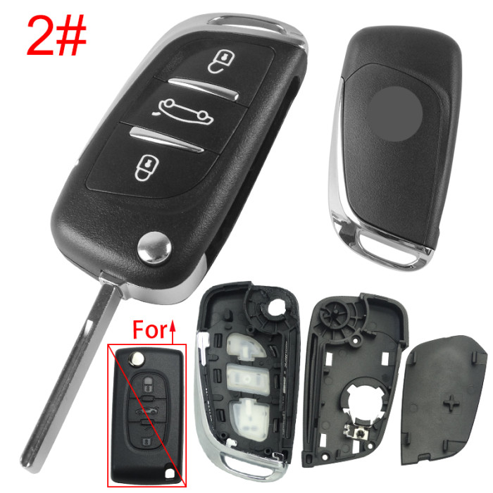 For Peugeot modified 3 button remote key shell with battery clamp with badge place, pls choose the blade type  1#-VA2 2#-HU83 3#-NE73