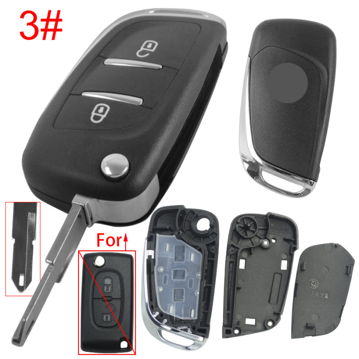 For Peugeot modified 2 button remote key shell without battery clamp with badge place, pls choose the blade type  1#-VA2 2#-HU83 3#-NE73