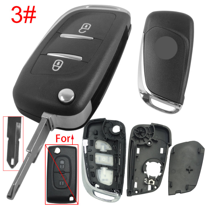 For Peugeot modified 2 button remote key shell with battery clamp with badge place, pls choose the blade type  1#-VA2 2#-HU83 3#-NE73