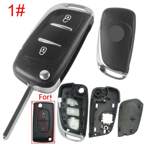For Peugeot modified 2 button remote key shell with battery clamp with badge place, pls choose the blade type  1#-VA2 2#-HU83 3#-NE73