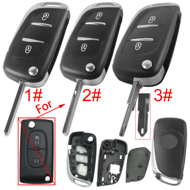 For Peugeot modified 2 button remote key shell with battery clamp with badge place, pls choose the blade type  1#-VA2 2#-HU83 3#-NE73