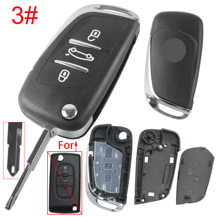For Peugeot modified 3 button remote key shell without battery clamp with badge place, pls choose the blade type  1#-VA2 2#-HU83 3#-NE73