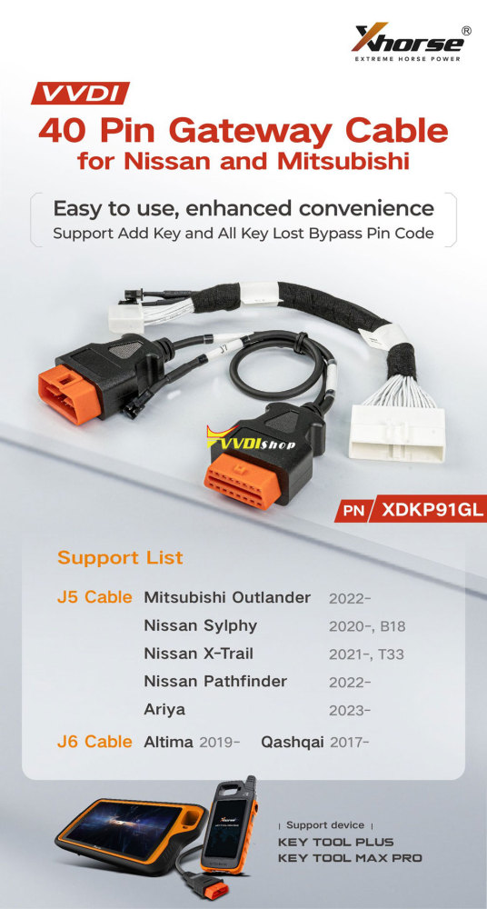2024 Xhorse XDKP91GL 40 Pin Gateway Cable for Nissan Mitsubishi Support Add Key and All Key Lost Bypass Pin Code for VVDI Key Tool Plus / Max Pro