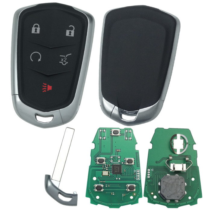 For  Cadillac SUV smart Keyless 4+1 button remote key with adjustable frequency 315mhz/433MHZ for 2015-2016 Cadillac SRX  FCC ID: HYQ2AB 433mhz for 2017-2020 Cadillac XT5 2017-2019 Cadillac XTS FCC ID: HYQ2EB GM # 13598516 replaced by 13510245 Switchable frequency GM # 13580800, 13598528