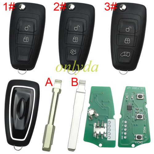 ForFord Mondeo/Focus  remote key with 433.92MHZ FSK model  with 4D63 chip BK2T15K601-AA/AB/AC  A2C53435329, pls choose buttton