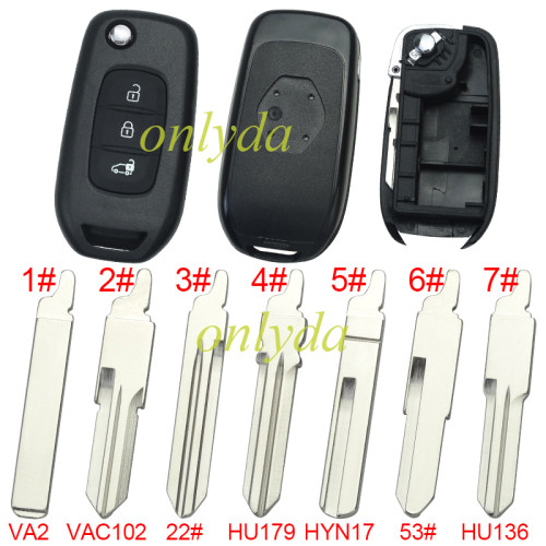 For Renault 3 button flip remote key blank, with badge,pls choose blade