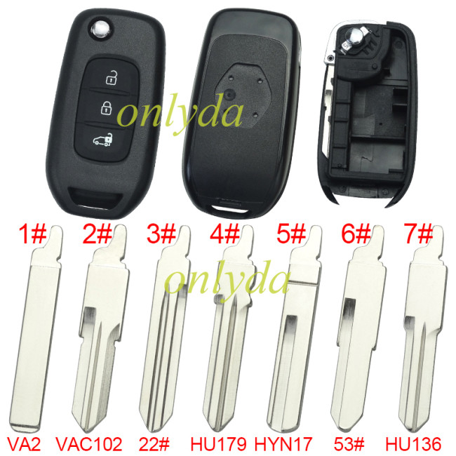 For Renault 3 button flip remote key blank, with badge,pls choose blade