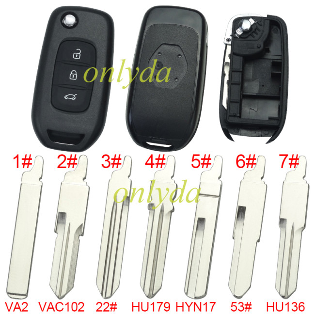 For Renault 3 button flip remote key blank, with badge