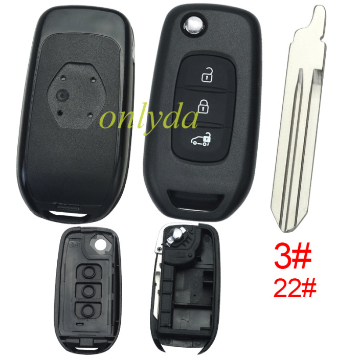 For Renault 3 button flip remote key blank, with badge,pls choose blade