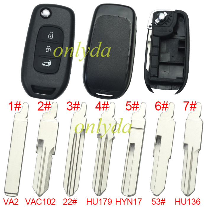 Renault 3 button flip remote key blank, without logo,pls choose blade