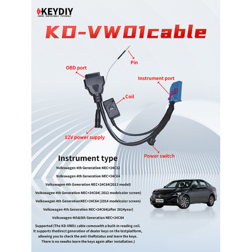 KD-VW01 Cable It supports thedirect generation of dealer keys on the testplatform