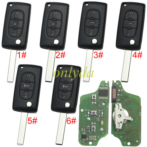 OEM CE0523 remote key for Peugeot 3 Button Flip  Remote Key with 46 chip PCF7941chip ASK model  with VA2 and HU83 blade, trunk and light button , please choose the key shell