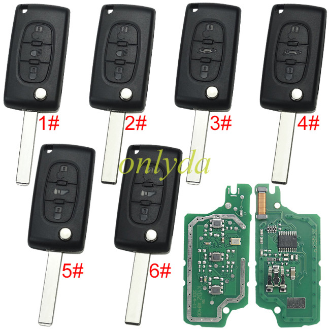 KYDZ brand Citroen CE0536 3 Button Flip Remote Key with 46 chip ASK model with VA2 and HU83 blade, trunk and light button , please choose the key shell