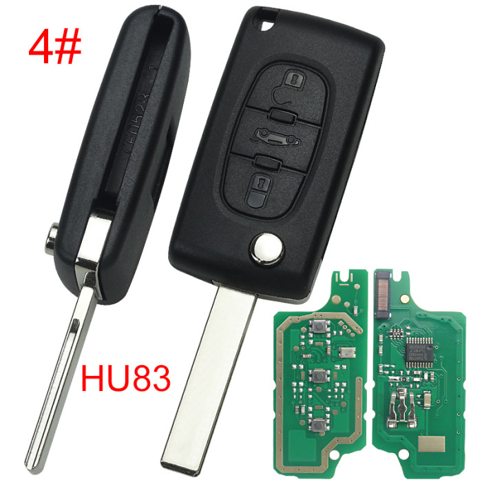 For Citroen CE0536 3 Button Flip  Remote Key with 46 chip PCF7961chip FSK model  with VA2 and HU83 blade, trunk / light button