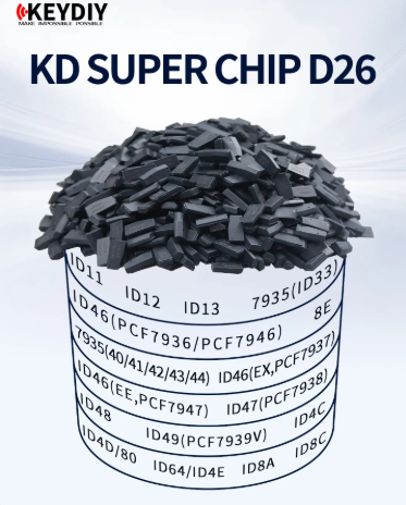KD super chip D26, support to generate ID11 ID12/ID13/7935(ID33)/ID46(PCF7936/PCF7946) /8e/7935(40/41/42/43144) ID46(EX,PCF7937)/ID46(EE,PCF7947) ID47(PFC7938)/ID48/ID49(PCF7939V) ID4C/ID44/80/ID64/1D4E/ ID8A/ID8C