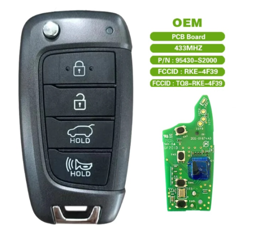 Original Hyundai Santa Fe 2019 Genuine Flip Remote Key 433MHz 95430S2000 HITAG 3 - ID47 PCF7938XA OEM Part Number 95430-S2000 FCC ID TQ8-RKE-4F39