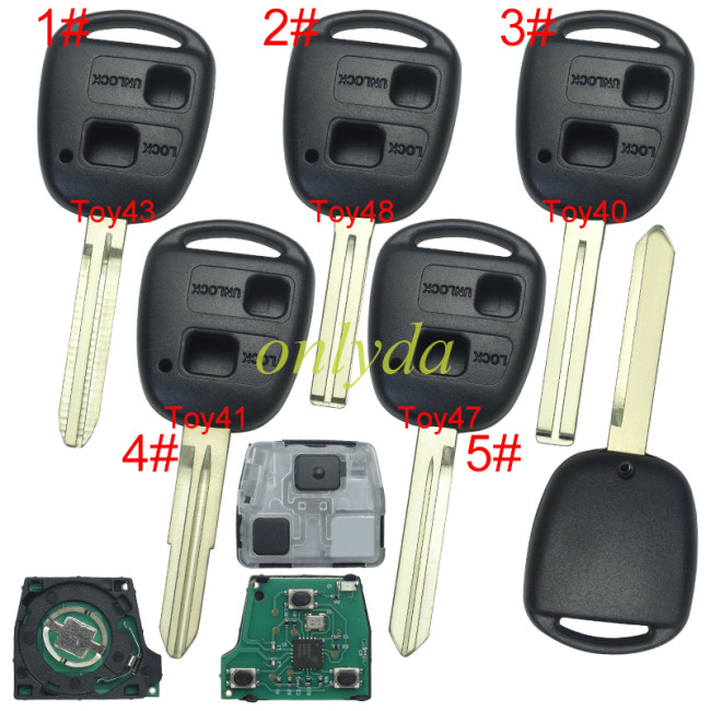 For Toyota 2 button remote key 24090(HYQ1512V) 24090／50021 315MHz, 24090/24021 USA Model FCC ID:HYQ1512V 89070-53531 2002-2003 ES300 1998-2005 GS300 2001-2005 IS300 1998-2000 GS400 1998-2000 LS400 2001-2005 GS430.pls choose blade .(Without chip, if you need a chip, you need to buy it separately)