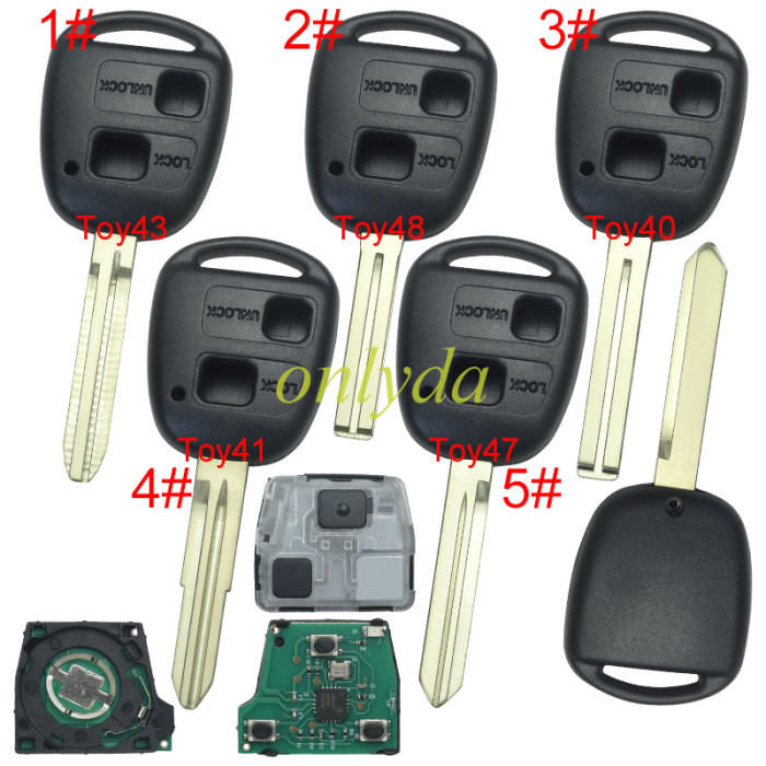 For Toyota 2 button remote key 24090(HYQ1512V) 24090／50021 315MHz, 24090/24021 USA Model FCC ID:HYQ1512V 89070-53531 2002-2003 ES300 1998-2005 GS300 2001-2005 IS300 1998-2000 GS400 1998-2000 LS400 2001-2005 GS430.pls choose blade .(Without chip, if you need a chip, you need to buy it separately)