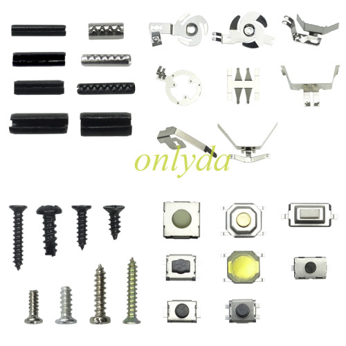 key remote pins  and battery clamp (key pin :5 types,total 800pcs, 100pcs each type. )     1#7.8mm*2.2mm ，2#6.12mm*2.72mm ，3#8.03mm*1.76mm ，4#5.9mm*1.7mm ，5#7mm*2.2mm 6#6mm*1.5mm     7#2.0mm*4.5mm 8#  1.6mm*8 mm                                Switch                                          1#10pcs， 2#10pcs 4#10pcs    6#10pcs 7#10pcs 11#10pcs 130#10pcs 18#10pcs battery clamp 15#5pcs 22#10pcs 23#10pcs 24#10pcs 26#5pcs 27#5pcs 29#5pcs 6#10pcs  REMOTE SHELL SCREWS 8types ,each types10pcs