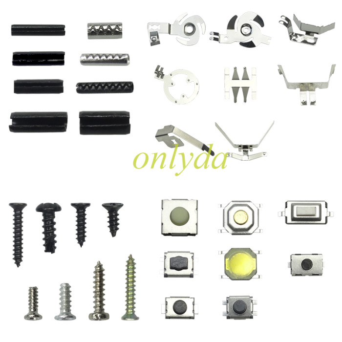 key remote pins  and battery clamp (key pin :5 types,total 800pcs, 100pcs each type. )     1#7.8mm*2.2mm ，2#6.12mm*2.72mm ，3#8.03mm*1.76mm ，4#5.9mm*1.7mm ，5#7mm*2.2mm 6#6mm*1.5mm     7#2.0mm*4.5mm 8#  1.6mm*8 mm                                Switch                                          1#10pcs， 2#10pcs 4#10pcs    6#10pcs 7#10pcs 11#10pcs 130#10pcs 18#10pcs battery clamp 15#5pcs 22#10pcs 23#10pcs 24#10pcs 26#5pcs 27#5pcs 29#5pcs 6#10pcs  REMOTE SHELL SCREWS 8types ,each types10pcs