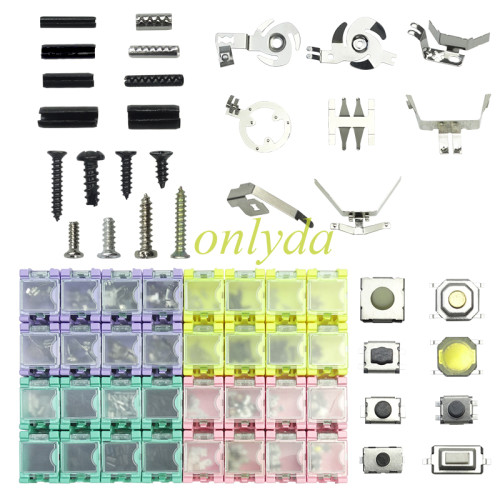 key remote pins  and battery clamp (key pin :5 types,total 800pcs, 100pcs each type. )     1#7.8mm*2.2mm ，2#6.12mm*2.72mm ，3#8.03mm*1.76mm ，4#5.9mm*1.7mm ，5#7mm*2.2mm 6#6mm*1.5mm     7#2.0mm*4.5mm 8#  1.6mm*8 mm                                Switch                                          1#10pcs， 2#10pcs 4#10pcs    6#10pcs 7#10pcs 11#10pcs 130#10pcs 18#10pcs battery clamp 15#5pcs 22#10pcs 23#10pcs 24#10pcs 26#5pcs 27#5pcs 29#5pcs 6#10pcs  REMOTE SHELL SCREWS 8types ,each types10pcs
