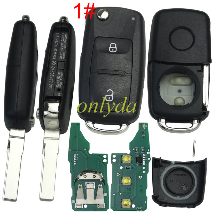 For VW  remote key  with ID48 chip 434mhz Model :5K0-959-753AB /5KO-837-202AD， pls choose button