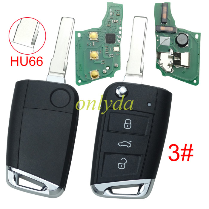 For VW  MQB platform 3 button Keyless flip remote key  with AES ID48 chip-434mhz, used for T-Cross,  ect, pls choose blade and button
