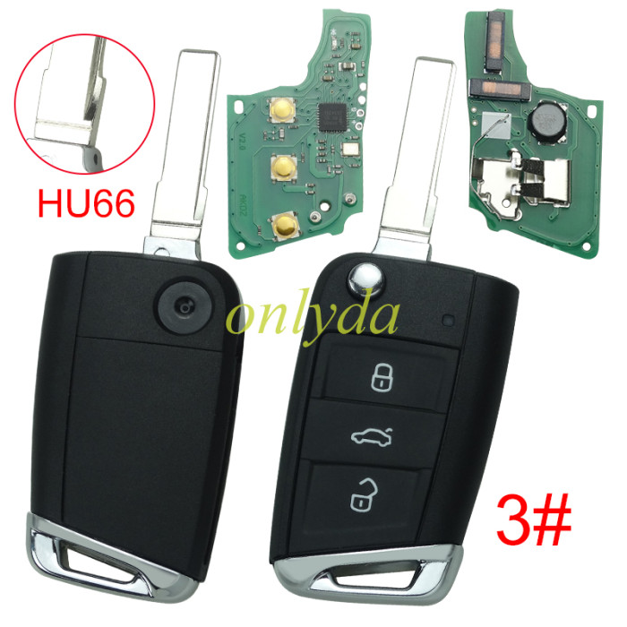 For VW  MQB platform 3 button Keyless flip remote key  with AES ID48 chip-434mhz, used for T-Cross,  ect, pls choose blade and button