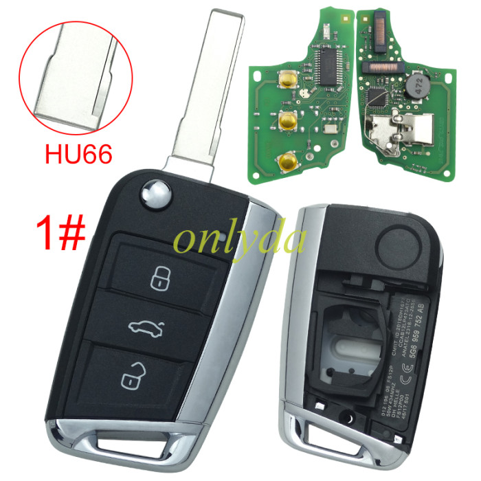 KYDZ Brand VW  MQB platform 3 button Keyless flip remote key  with AES ID48 chip-434mhz , used for T-Cross,  ect, pls choose balde
