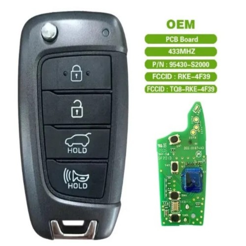 Original Hyundai Santa Fe 2019 Genuine Flip Remote Key 433MHz 95430S2000 HITAG 3 - ID47 PCF7938XA OEM Part Number 95430-S2000 FCC ID TQ8-RKE-4F39
