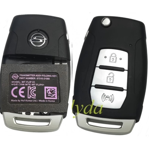 ORIGINAL Key for SsangYong 2+1 button remote key with 433MHZ  with  ID70 chip  PN:87510-21000 Model:MT FLIP 01 MSIP-CRM-MTE-MT-FLIP01 blade cutted 164281CF