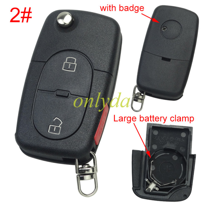 For VW  remote key blank with Large battery Clamp with badge,  (the key head connect face is round)， pls choose button model