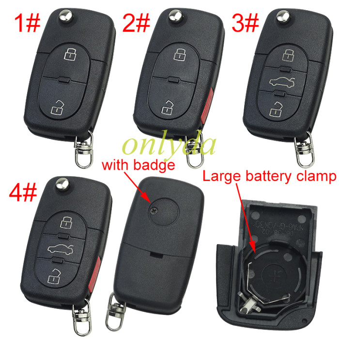 For VW  remote key blank with Large battery Clamp with badge,  (the key head connect face is round)， pls choose button model