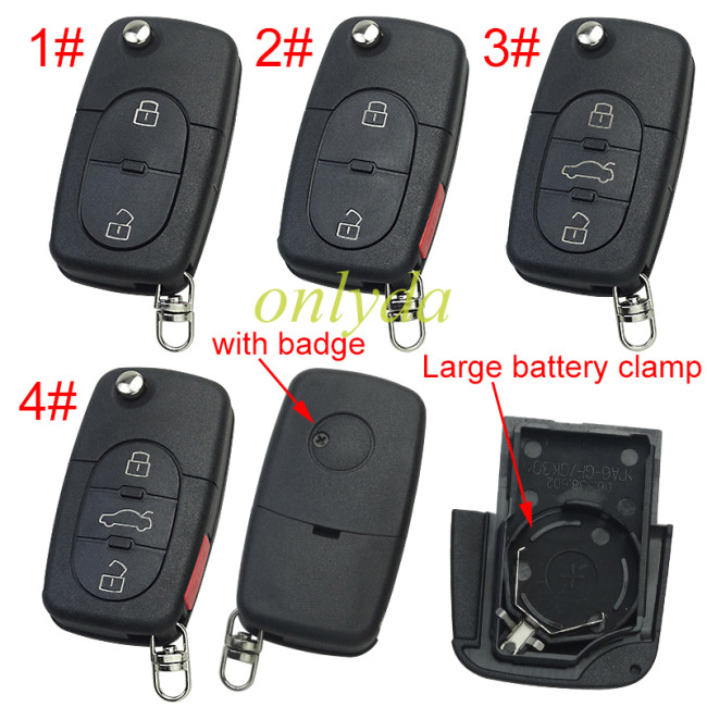 For VW remote key blank with Large battery Clamp with badge, (the key head connect face is round), pls choose button model