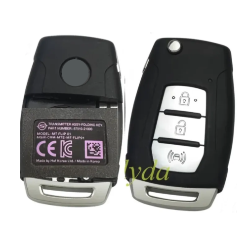 ORIGINAL Key for SsangYong 2+1 button remote key with 433MHZ  with  ID70 chip  PN:87510-21000 Model:MT FLIP 01 MSIP-CRM-MTE-MT-FLIP01 blade cutted 164281CF