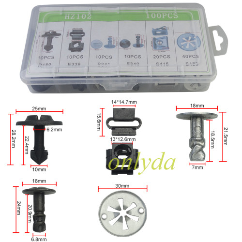 HZ102 Automotive repair clips and fasteners Package ( R150 10pcs ,E339 10pcs, S341 10pcs, S340 10pcs .S415 20pcs ,S489 40pcs)