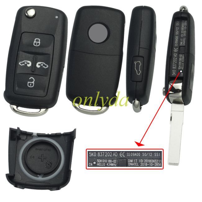 KYDZ  VW 4 button  with original MQB chip keyless go remote key  7N5837202AD 7N0837202D ID:2015DJ6124 434MHZ